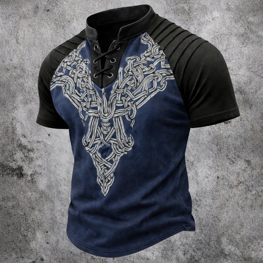 Men's Vintage Celtic Knot Print Short Sleeve Shirt - Lace-Up V-Neck & Pleated Shoulder Top