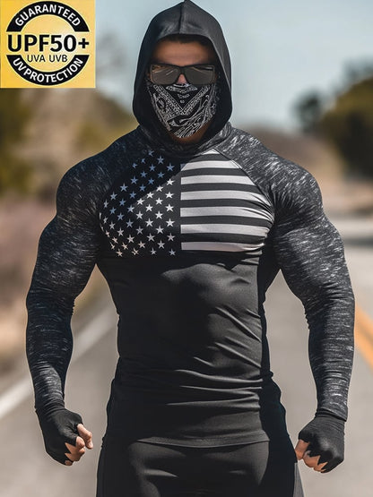 Men's Outdoor Sun Protection Breathable Cool Mask American Flag Print Hooded Sun Protection Long Sleeve Top