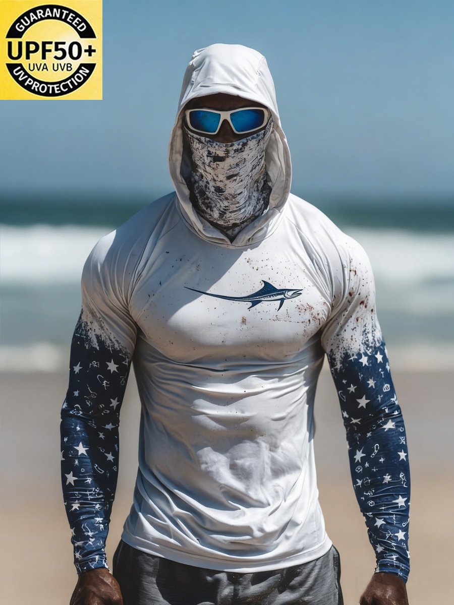 Men's Outdoor Sun Protection Breathable Cool Face Mask Hooded Printed Long-Sleeved Top