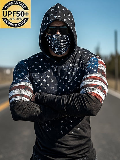 Men's Outdoor Sun Protection Breathable Cool Mask American Flag Print Hooded Sun Protection Long Sleeve Top