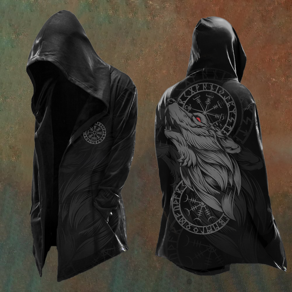 Men's Vikings Mythology Wolf Printed Vintage Hooded Jacket
