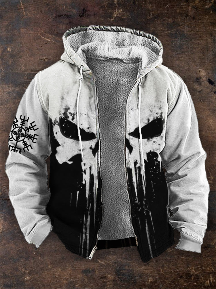 Men's Viking Vegvisir Skull Contrast Cozy Fleece Zip Hoodie