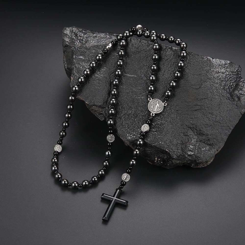 St. Benedict Medal & Cross of 8 mm Round Black Multi-material Nylon Cord Rosary