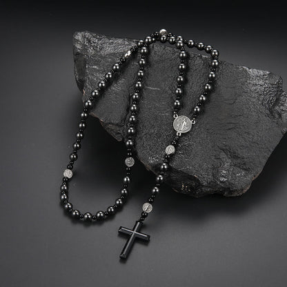 St. Benedict Medal & Cross of 8 mm Round Black Multi-material Nylon Cord Rosary