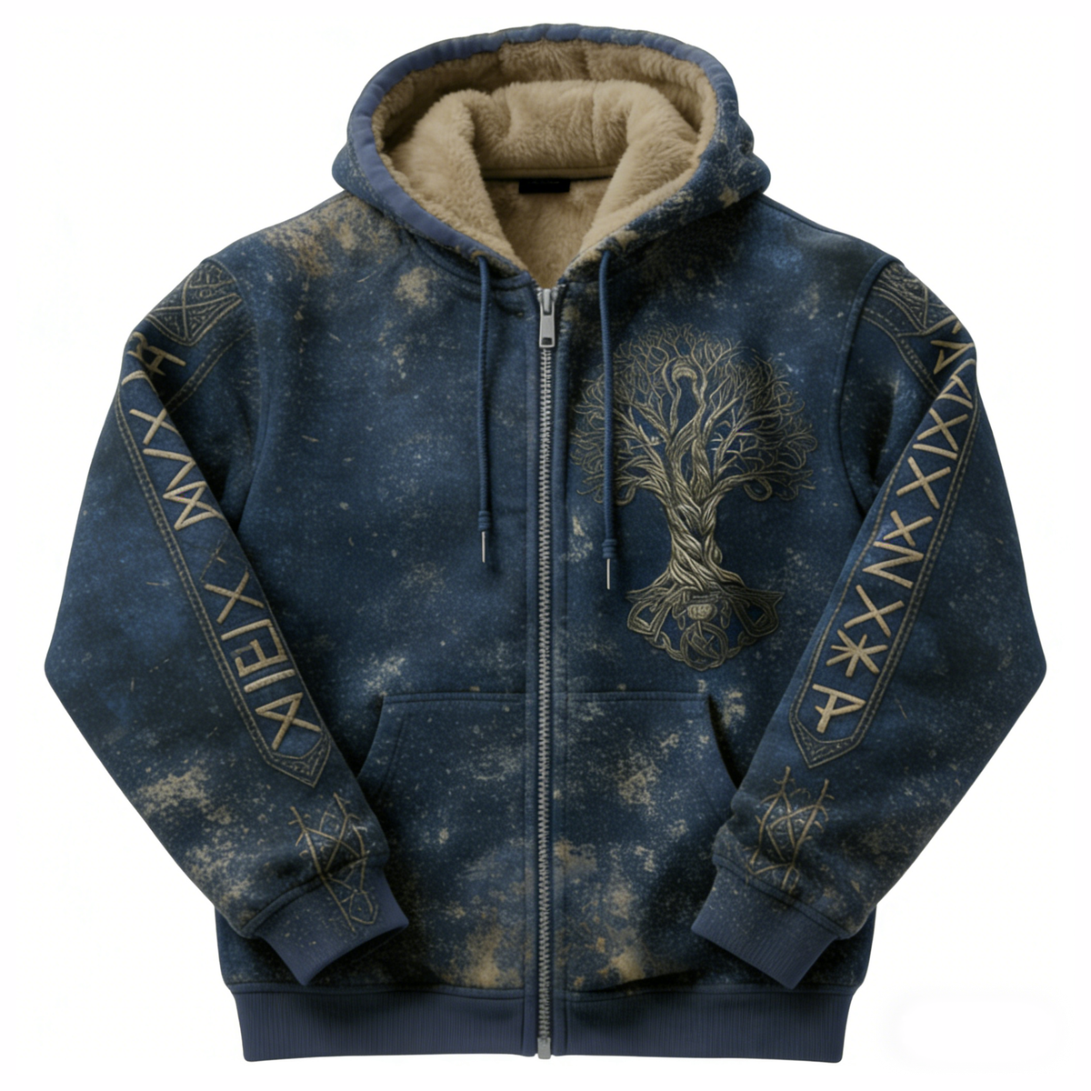 Nordic Viking Style Retro Tree Of Life Casual Long-Sleeve Warm Fleece Hoodie