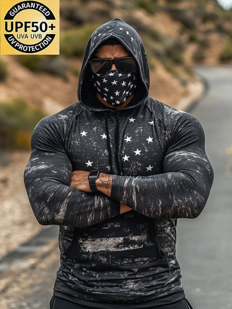 Men's Outdoor Sun Protection Breathable Cool Mask American Flag Print Hooded Sun Protection Long Sleeve Top