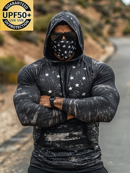 Men's Outdoor Sun Protection Breathable Cool Mask American Flag Print Hooded Sun Protection Long Sleeve Top