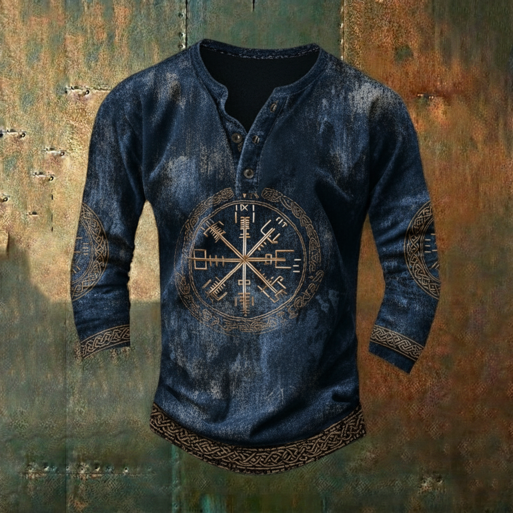 Viking Vegvísir Nordic Celtic Knot Casual Long-Sleeve Henley Shirt
