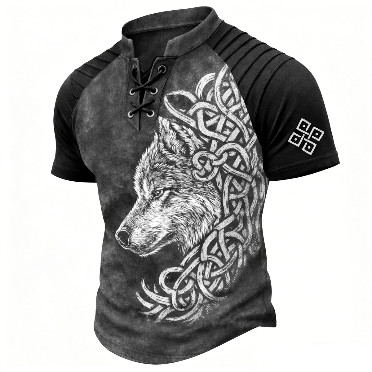 Men's Wolf Celtic Knot Print Distressed Blue Lace-Up Henley Shirt - Pleated Short Sleeve