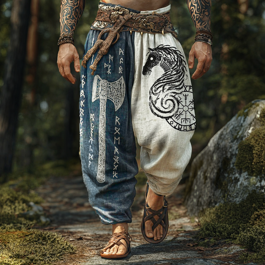 Men's Patchwork Norse Viking Graphic Harem Pants - Two-Tone Loose Fit Drop-Crotch Trousers