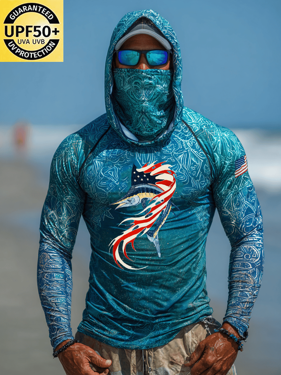 Men's Outdoor Sun Protection Breathable Cool Face Mask Hooded Printed Long-Sleeved Top