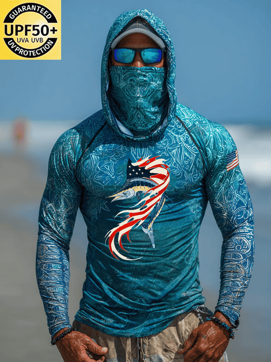 Men's Outdoor Sun Protection Breathable Cool Face Mask Hooded Printed Long-Sleeved Top