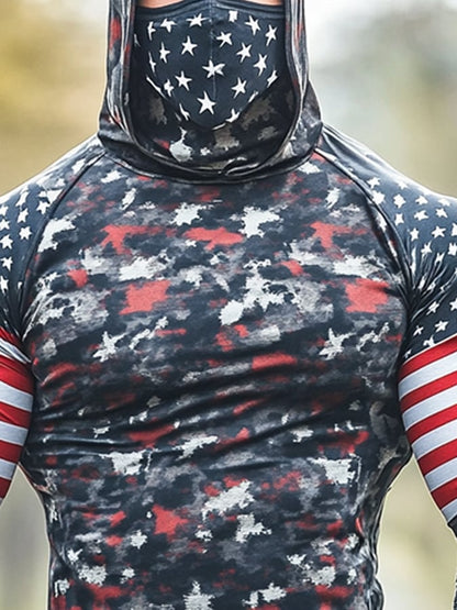 Men's Outdoor Sun Protection Breathable Cool Mask American Flag Print Hooded Sun Protection Long Sleeve Top