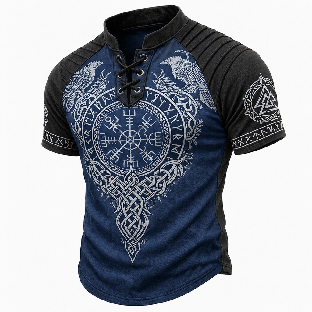 Men's Viking Graphic Lace-Up Henley Short Sleeve Shirt