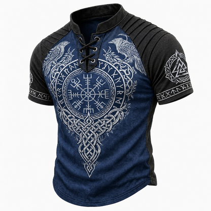Men's Viking Graphic Lace-Up Henley Short Sleeve Shirt