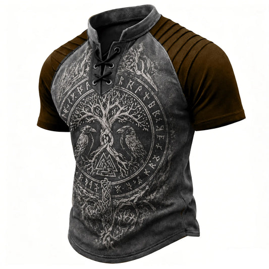 Men's Norse Viking Graphic Lace-Up Henley T-Shirt - Pleated Raglan Short Sleeve Top