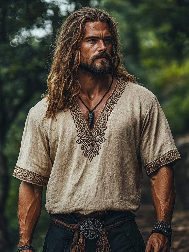 Men's Viking Knot Tribal Art Wolf Pattern Linen T-Shirt