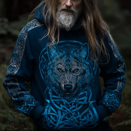 Men's Vintage Viking Wolf Print Art Hoodie