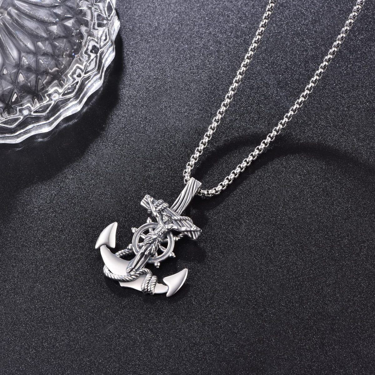 Sterling Silver Anchor & Jesus Pendant Necklace for Men