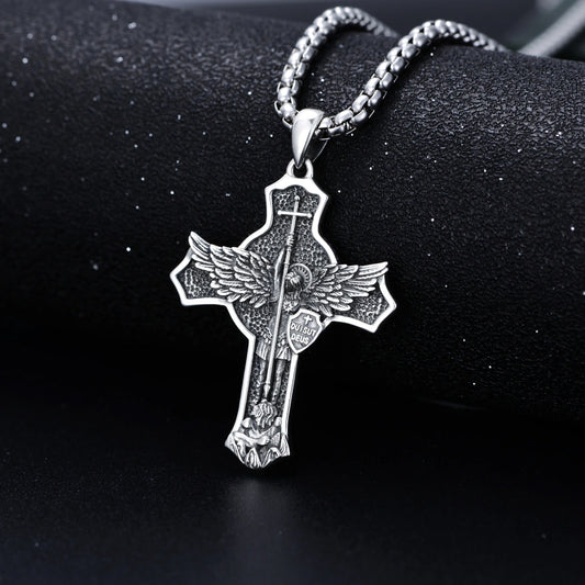 Sterling Silver Saint Michael & Shield Pendant Necklace for Men