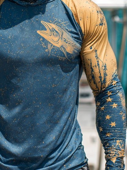 Men's Outdoor Sun Protection Breathable Cool Face Mask Hooded Printed Long-Sleeved Top