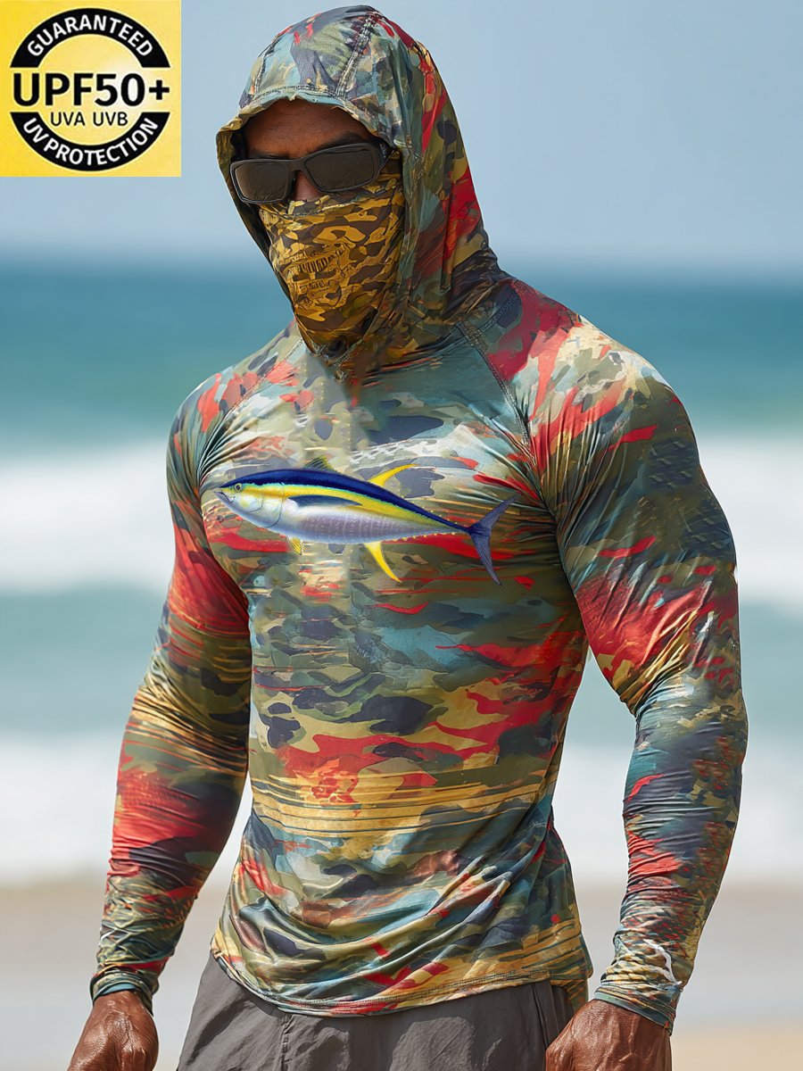 Men's Outdoor Sun Protection Breathable Cool Face Mask Hooded Printed Long-Sleeved Top