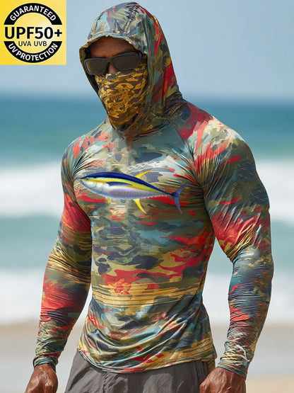 Men's Outdoor Sun Protection Breathable Cool Face Mask Hooded Printed Long-Sleeved Top
