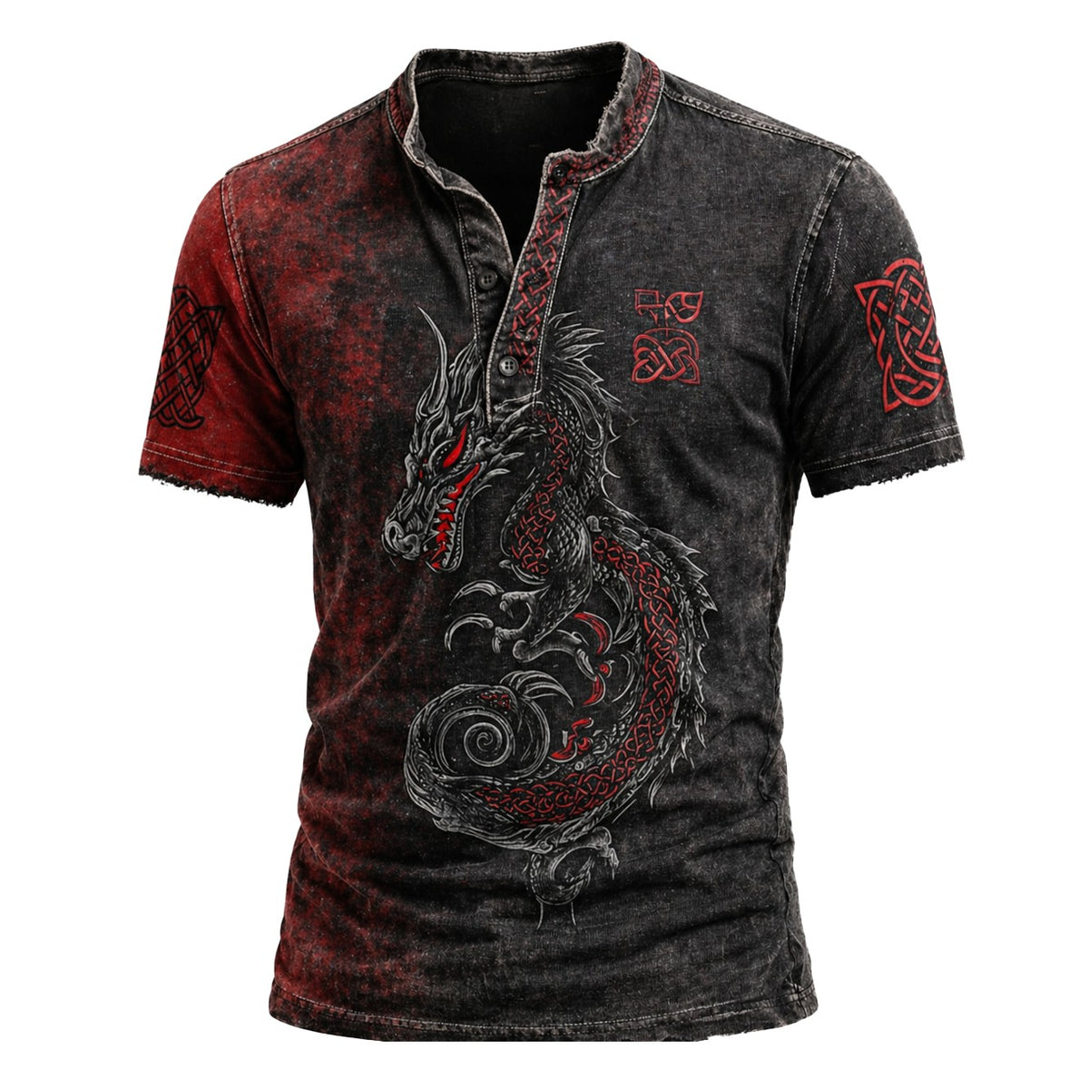 Men's Dragon Graphic Print Henley T-Shirt - Vintage Distressed Washed Black Red Short Sleeve Band Collar