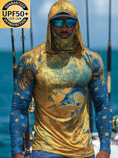 Men's Outdoor Sun Protection Breathable Cool Face Mask Hooded Printed Long-Sleeved Top