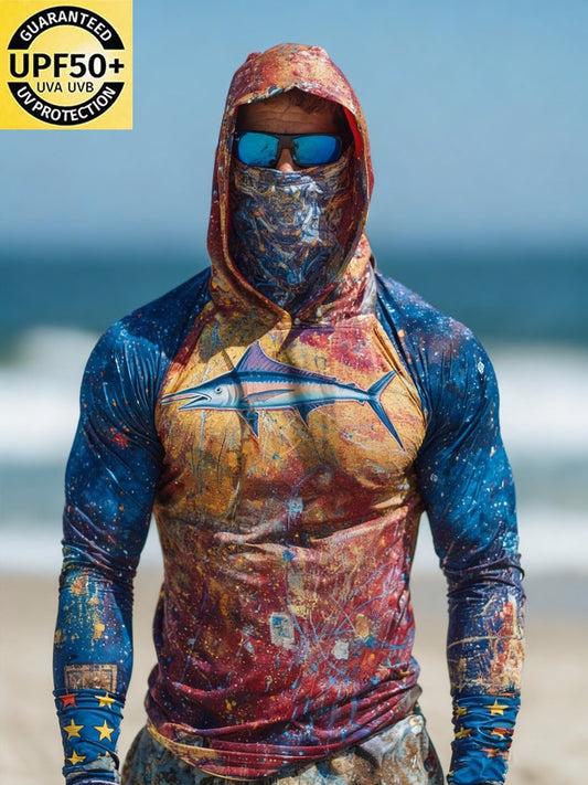 Men's Outdoor Sun Protection Breathable Cool Face Mask Hooded Printed Long-Sleeved Top