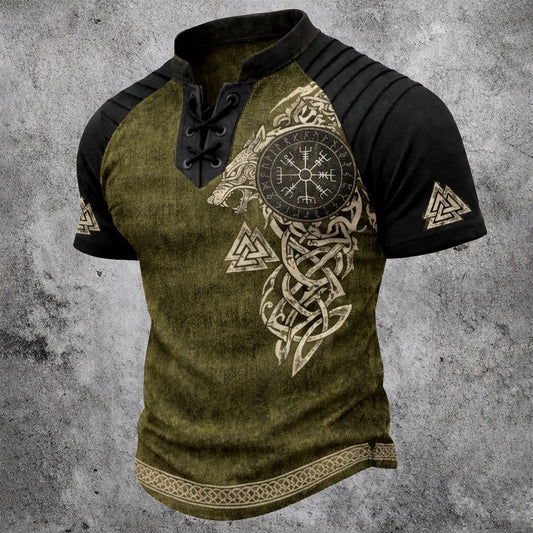 Men's Viking Runes Short Sleeve T-Shirt - Laced V-Neck Ribbed Shoulder Norse Top