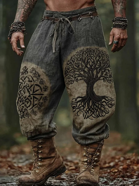 Nordic World Tree & Celtic Knot Vintage Printed Gradient Cotton-Linen Pants