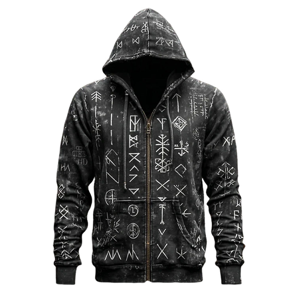 Unisex Full-Zip Hoodie - Distressed Black & White Symbolic Rune Graphic Print Edgy Streetwear