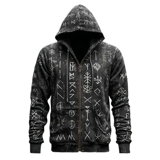 Unisex Full-Zip Hoodie - Distressed Black & White Symbolic Rune Graphic Print Edgy Streetwear
