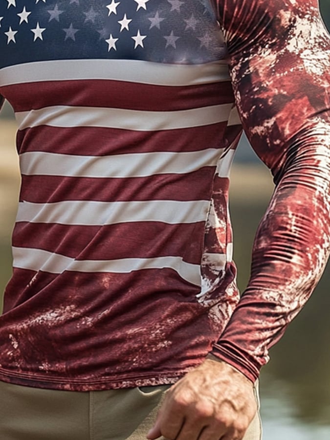 Men's Outdoor Sun Protection Breathable Cool Mask American Flag Print Hooded Sun Protection Long Sleeve Top