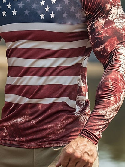 Men's Outdoor Sun Protection Breathable Cool Mask American Flag Print Hooded Sun Protection Long Sleeve Top