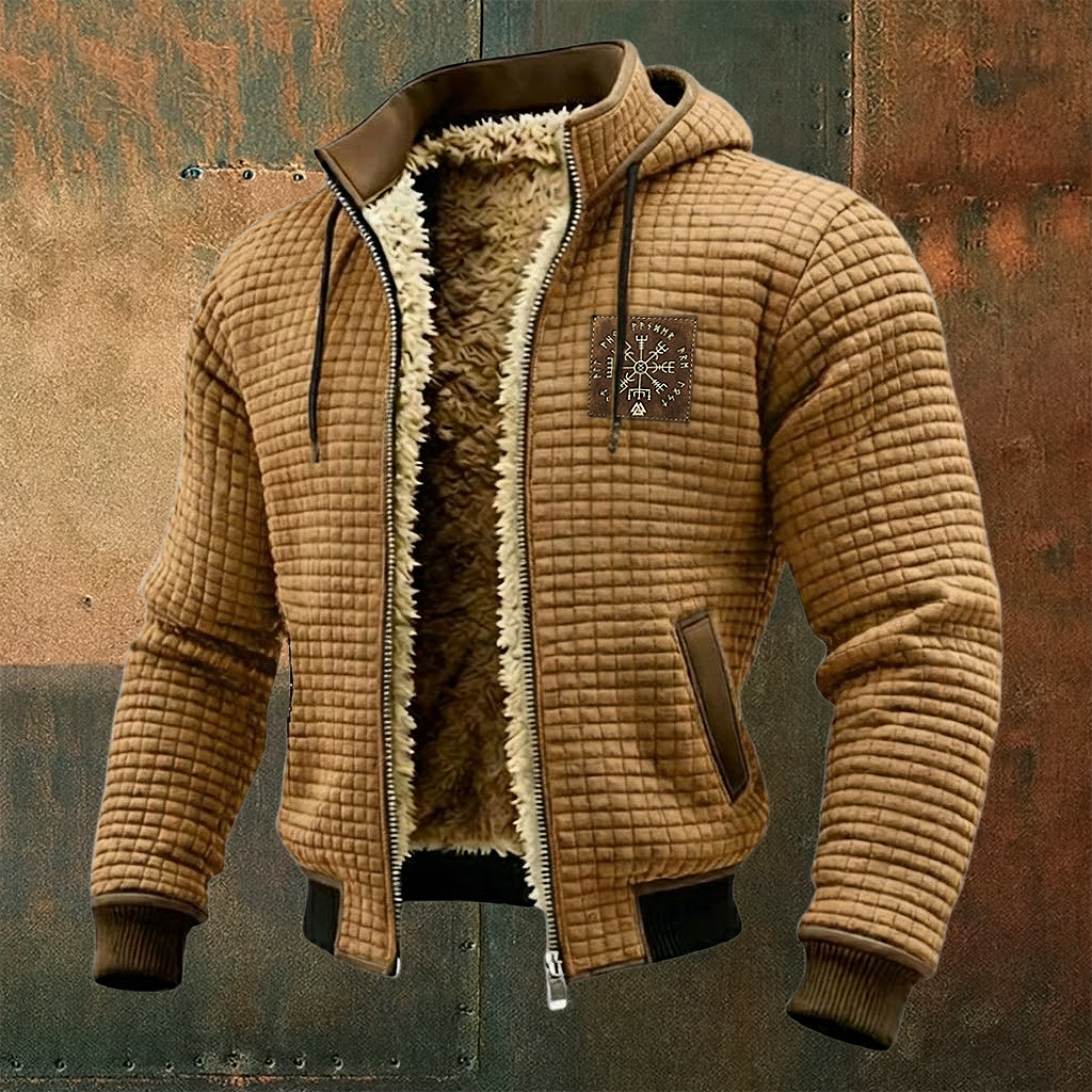 Men's Thermal Grid Jacket Fleece Shearling & Structured Waffle Zip-Up Hoodie