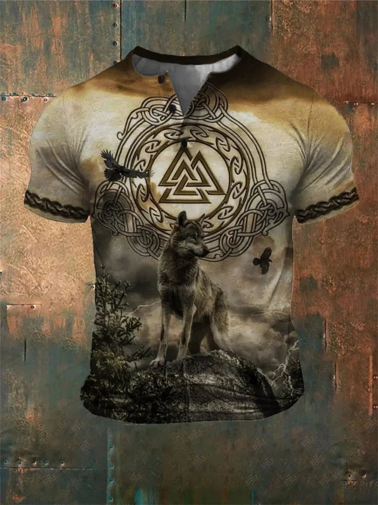 Men's Viking Totem Print Casual Henley Neck Short Sleeve T-Shirt