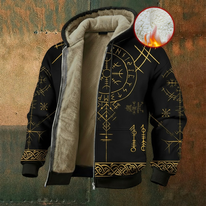 Nordic Viking Golden Rune Fleece-Lined Warm Hoodie