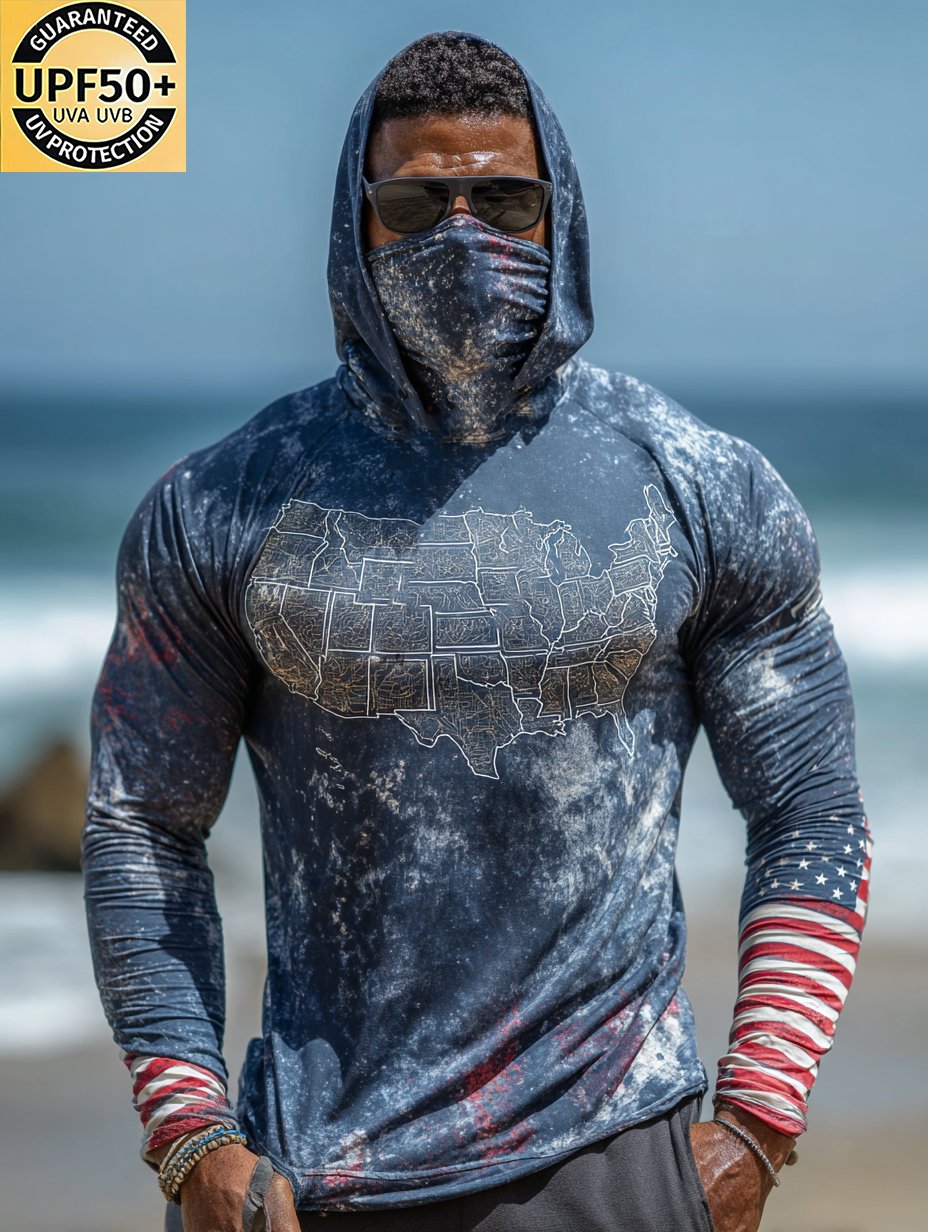 Patriotic USA Map Distressed Hooded Sun Protection Top