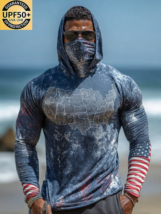 Patriotic USA Map Distressed Hooded Sun Protection Top