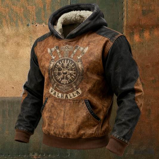 Viking Warrior Retro Nordic Hoodie & Vegvisir Fleece Collar