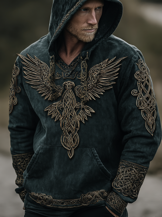 Viking Style Inspired Raven Golden Rune 3D Printed Unisex Casual Hoodie