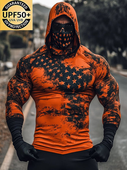 Men's Outdoor Sun Protection Breathable Cool Mask American Flag Print Hooded Sun Protection Long Sleeve Top