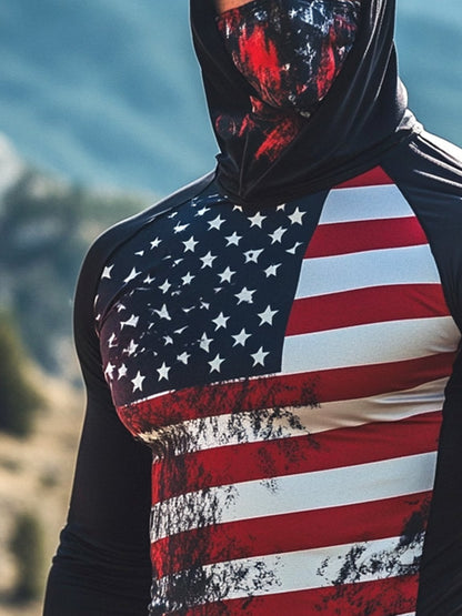 Men's Outdoor Sun Protection Breathable Cool Mask American Flag Print Hooded Sun Protection Long Sleeve Top