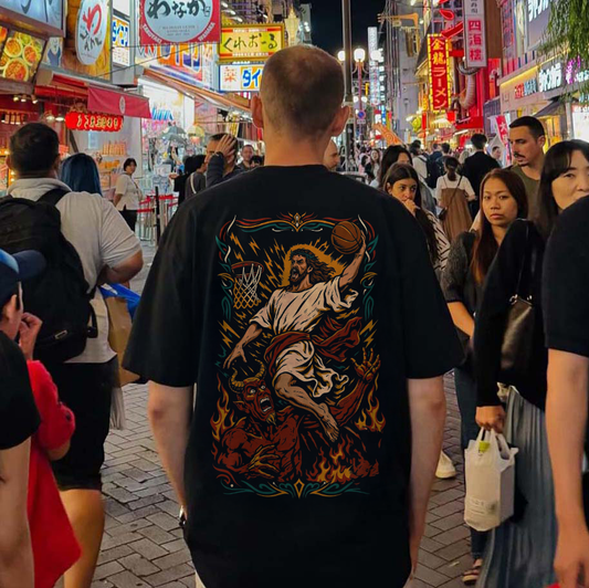 Jesus Playing Basketball Against The Devil Printed Men's T-shirt