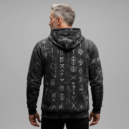 Unisex Full-Zip Hoodie - Distressed Black & White Symbolic Rune Graphic Print Edgy Streetwear
