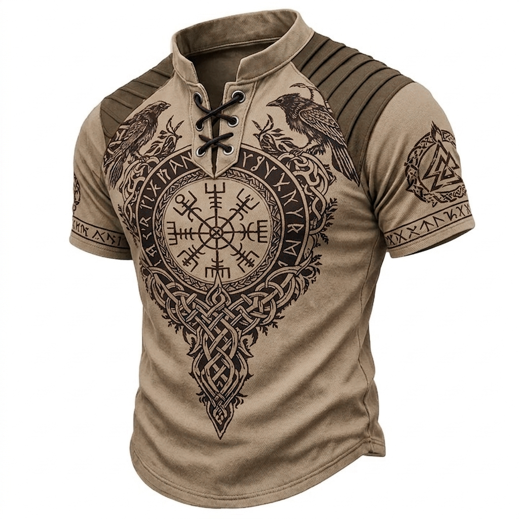 Men's Viking Graphic Lace-Up Henley Short Sleeve Shirt