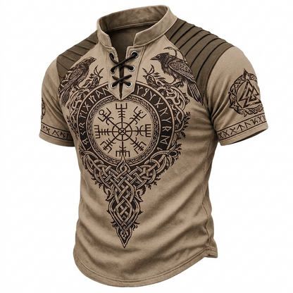 Men's Viking Graphic Lace-Up Henley Short Sleeve Shirt