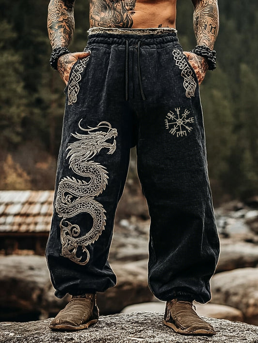 Nordic Viking Dragon Totem Classic Pattern Celtic Knot Cotton-Linen Pants